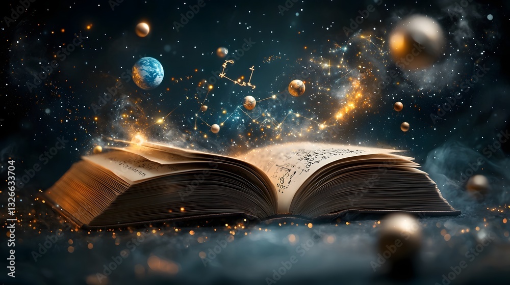 Poster open book with mathematical symbols and diagrams transforming into a detailed celestial map represen
