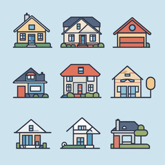 Vector illustration of colorful cartoon houses on a blue background