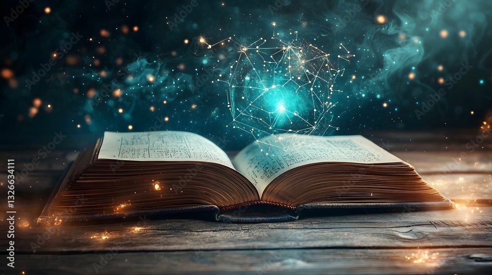 Poster celestial transformation an open book with mathematical symbols transforming into a captivating cele