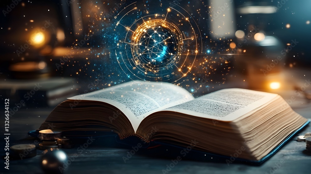 Poster celestial transformation an open book revealing the connection between mathematical symbols and cosm