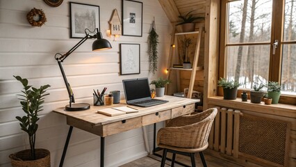 Cozy Home Office with Wooden Desk and Wicker Chair