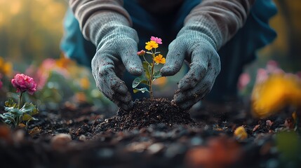 Gardener's Hands Carefully Planting a Vibrant Yellow and Pink Flower Seedling in Rich Dark Soil, Close-Up View