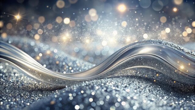 Abstract background with glossy silver waves and luxury glitter particles, opulence, artistic visuals