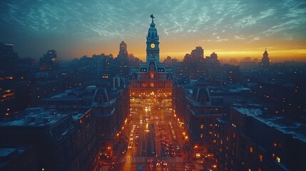 City Hall Dusk Aerial Philadelphia Skyline View