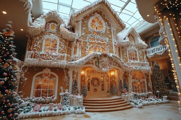 Obraz premium Elaborate gingerbread house decorated with festive ornaments inside a spacious hall during the holiday season
