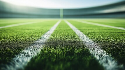 Obraz premium Dynamic view of an american football field showing green grass and blurred white markings during an exciting moment of play