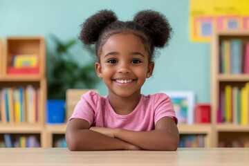 Fototapeta premium Smiling girl sits confidently at a table in a colorful classroom during daytime