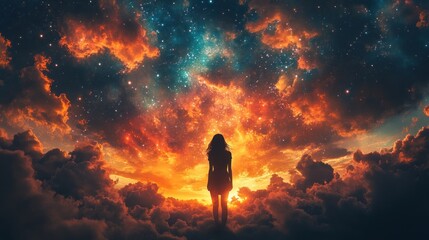 Fototapeta premium Love Sad Girl Gazing at Romantic Sunset Sky with Stars Moon and Clouds