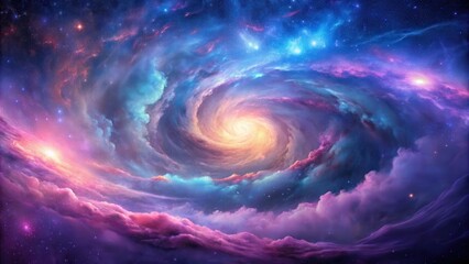 Swirling clouds of gas and dust in a distant galaxy with vibrant purple and blue hues, surrounded by soft pink nebulae