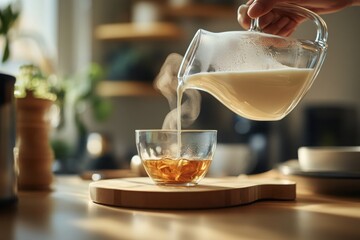 Pouring Cream into a Hot Cup of Tea in a Cozy Kitchen Setting