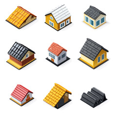 Isometric house set with various roof types and styles illustration.
