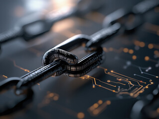 close up view of digital chain link, symbolizing blockchain technology, with glowing circuits in background. This represents innovation and connectivity in digital world
