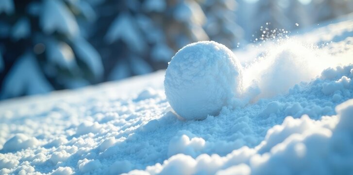 Drifting snowball rolling down a snowy hill in blizzard weather, snowfall, frosty, frozen