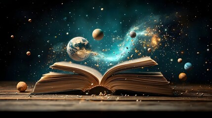 Mesmerizing photograph showcasing an open book revealing a captivating cosmic wormhole with planets asteroids and other celestial bodies orbiting around its powerful gravitational pull