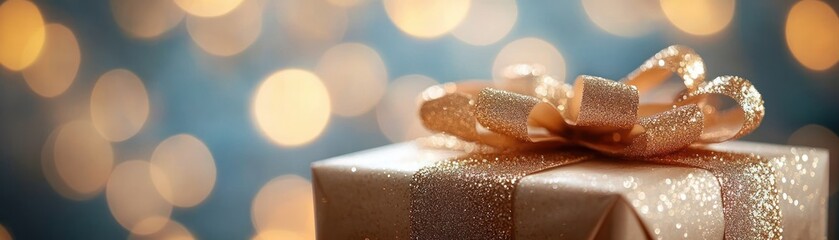 Elegant gift box with golden ribbon soft bokeh background for celebration and holiday moments