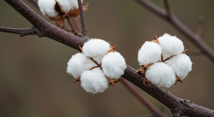Ripe Cotton Bolls on Branch - Close-up of fluffy white cotton bolls on a brown branch, ready for harvest. Soft, natural texture
