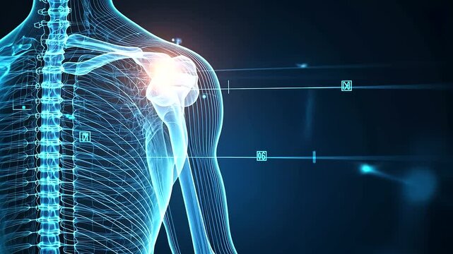 High-tech orthopedic X-ray, displaying a damaged shoulder blade with vertebral fractures. A futuristic medical scan highlights bone density loss with luminescent blue overlays.