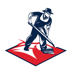 Obraz premium Man Sweeping Floor Logo Red Blue White Icon Illustration