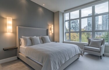 A modern bedroom featuring a bed window and city views