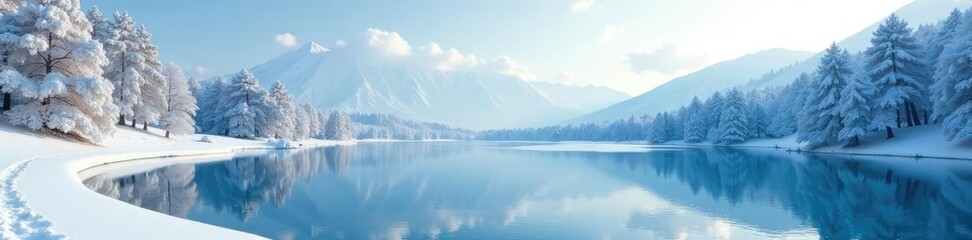 Frozen lake with snow-covered trees and hills, scenery, peaceful