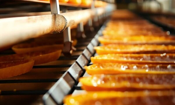 Rows of shiny, caramelized food product moving through an industrial processing system.