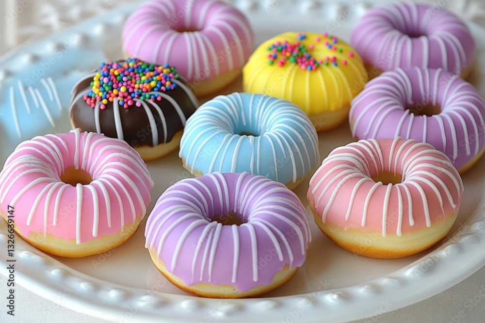Poster colorful assorted donuts arranged on a white plate for a delightful dessert display