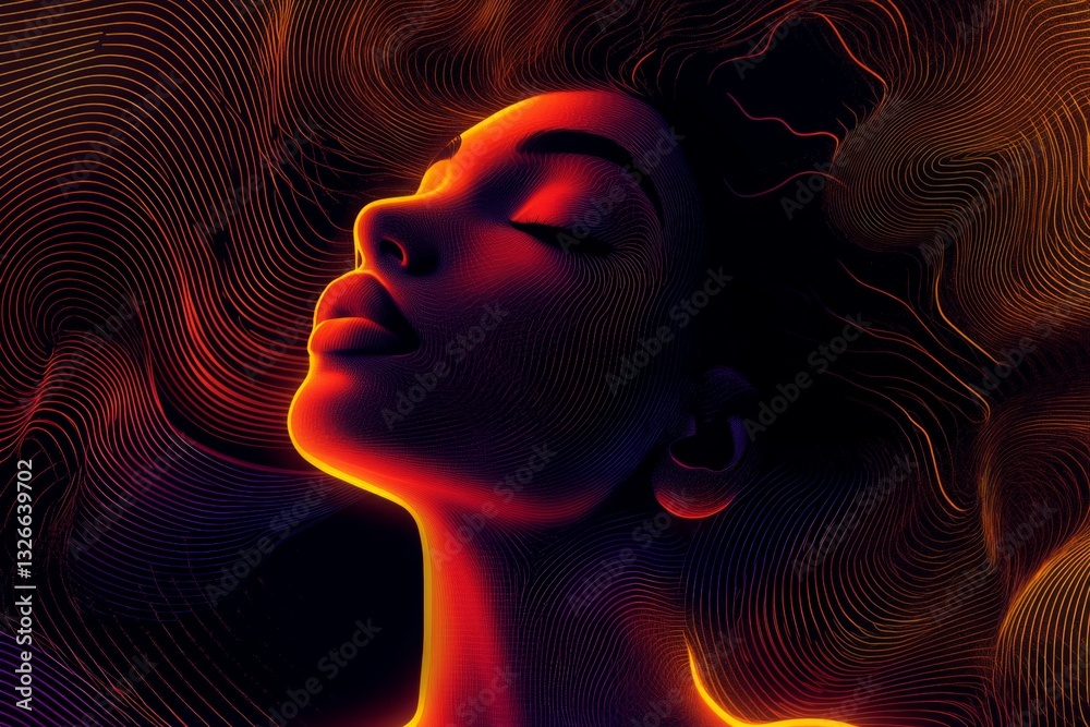 Poster Captivating portrait of a woman surrounded by vibrant waves of color and light at dusk in a surreal setting