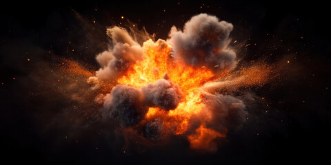 powerful explosion with bright orange and yellow flames, creating dramatic scene filled with smoke and debris. intensity of blast is visually striking and evokes sense of awe