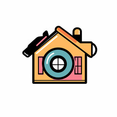 Cartoon House Illustration: Blue Window, Yellow, Pink, Black Details