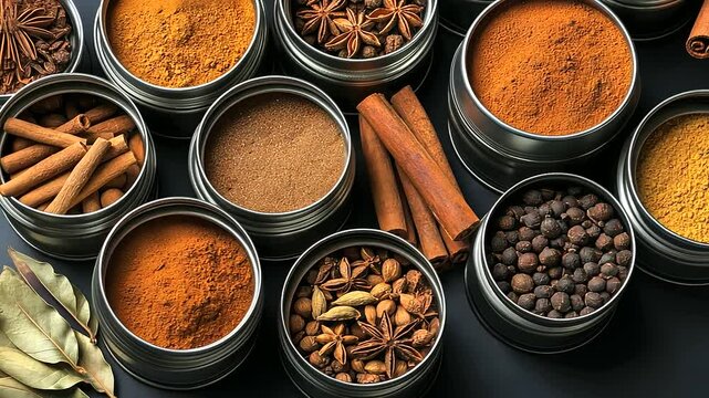 Flat-lay of chai masala spices for winter tea, with metal tins holding cinnamon, fragrant star anise, cardamom, and cloves. A traditional Ayurveda-inspired setup with rich colors a
