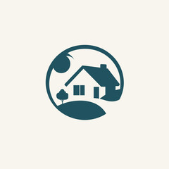 Minimalist house logo with tree, circle, and nature elements.