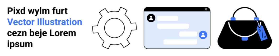 Fototapeta premium Gear shaping technology, message chat interface symbolizing communication, and handbag with tag emphasizing retail and shopping themes. Ideal for technology, apps, e-commerce, business, teamwork