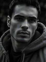 Close-up of a man with a strong jawline in a hoodie, black and white dramatic portrait