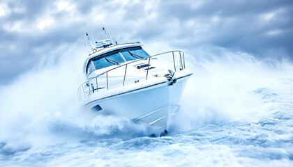 White boat powerful waves storm