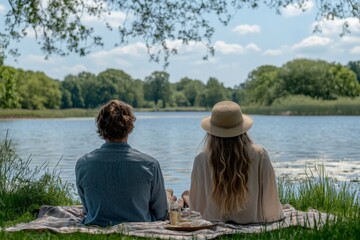 Couple enjoying a peaceful lakeside afternoon with nature and snacks in a serene park setting