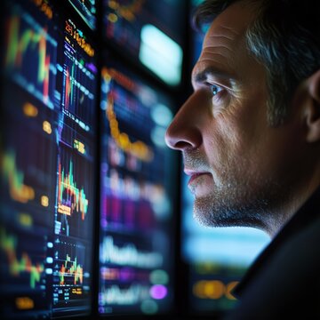 Focused man analyzing stock market data on multiple screens. Business & Corporate Risks concept Investment banker looking at multiple screens showing volatile stock charts, finance under pressure 