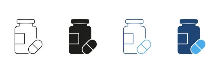 Supplement Jar With Capsule Line and Silhouette Icon Set. Vitamins, Health Support, Dietary Supplementation And Wellness. Editable Stroke. Isolated Vector Illustration