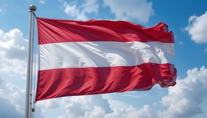 The Austrian national flag waving in the sky representing heritage unity and national pride with a vibrant and bold appearance