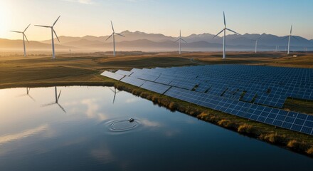 Serene Solar Landscape: Renewable Energy Harmony - Tranquil scene symbolizing clean energy, sustainable practices, environmental responsibility, technological advancement, and natural beauty