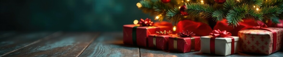 Presents stacked under the branches of a decorated tree, wrapping paper, christmas tree
