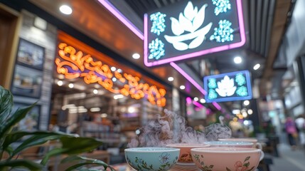 Naklejka premium Steaming Herbal Tea in Spa Cafe Neon Lights Cozy Atmosphere