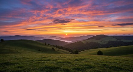 Obraz premium Serene Sunrise Over Rolling Hills - Breathtaking sunrise paints the sky with vibrant colors over gently rolling green hills and distant mountains