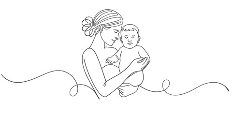 Mother and baby line art style vector illustration, mothers day celebration background