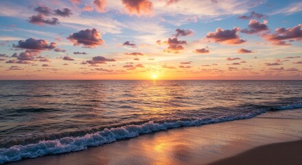 Serene Sunset Ocean Beach - Stunning sunset over a calm ocean beach, soft waves lapping the shore. Peaceful and tranquil scene