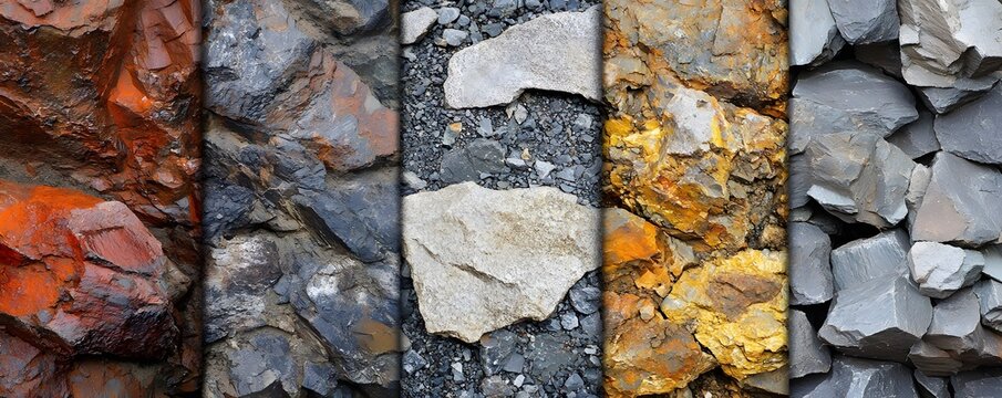 Five different rock and stone textures showing variety of colors and shapes - Powered by Adobe