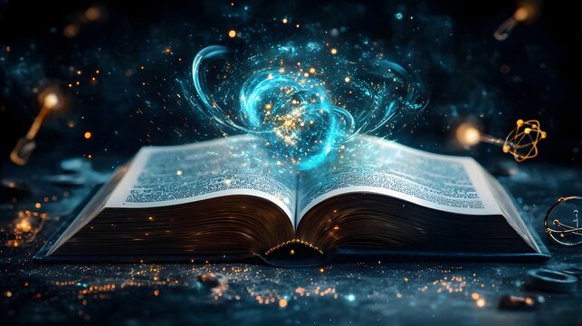 Quantum Mechanics Revealed An Open Book Unveiling a Swirling Vortex of Energy and Particles Colliding Wave Functions Forming and Atoms Glowing in Vibrant Colors