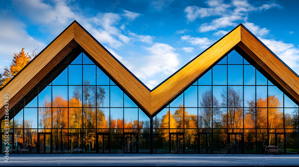 Aufkleber a modern building with striking triangular roofs and large glass windows, reflecting colorful autumn