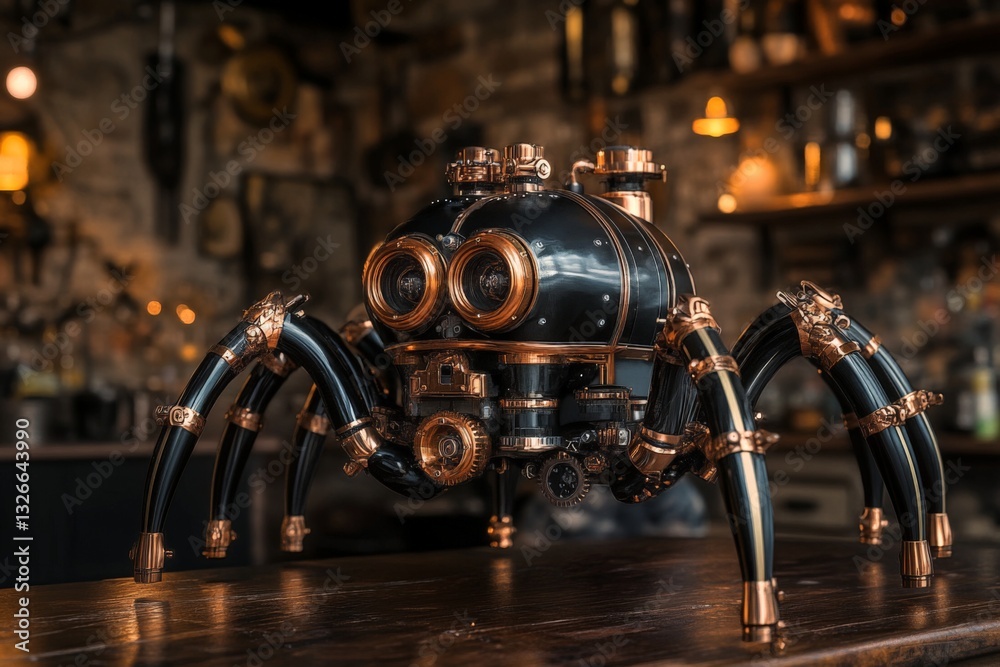Poster Unique steampunk robotic spider on display in an industrial bar setting at night