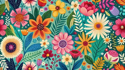 Abstract hand-drawn floral collage.  A cute, naive landscape print design template.