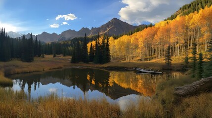 Fototapeta premium Reflecting Autumn Landscape with Golden Aspen Trees and Mountain Peaks